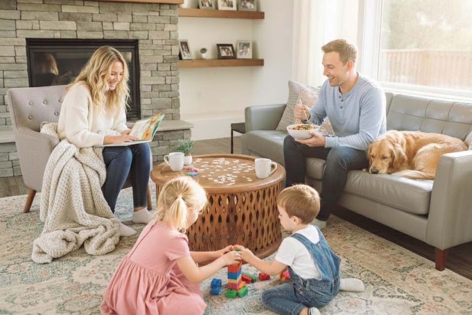 Family spending time together in living room of home