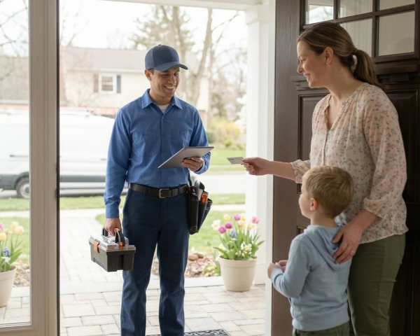 homeowner greeting hvac technician at front door of home