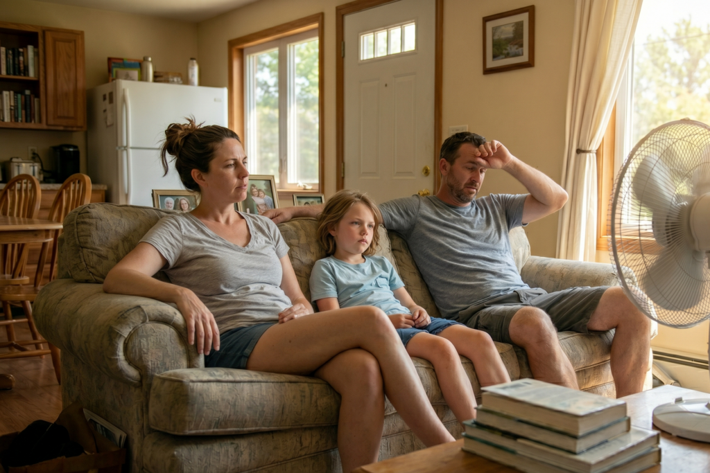 family on sofa sweating in a hot home